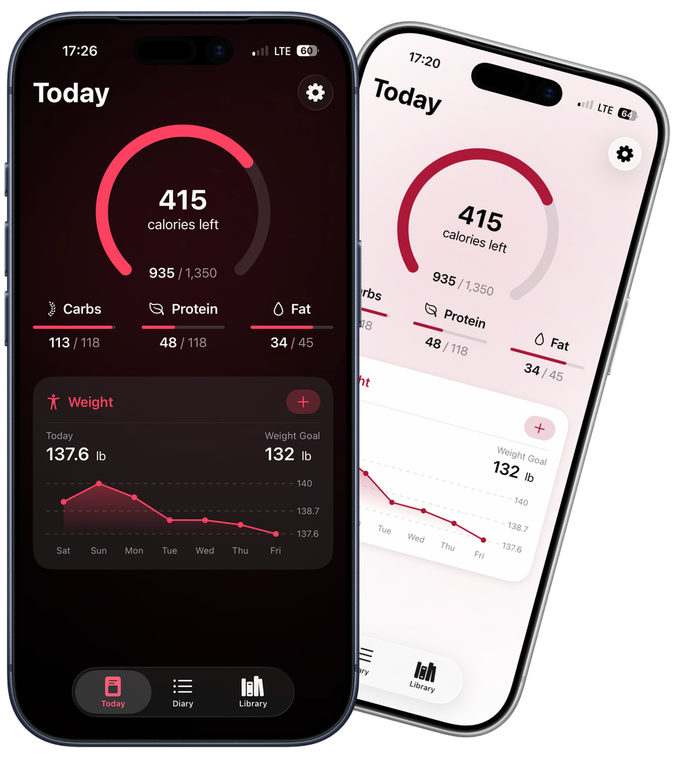 Nunch app dashboard showing calorie and macro tracking in both light and dark themes