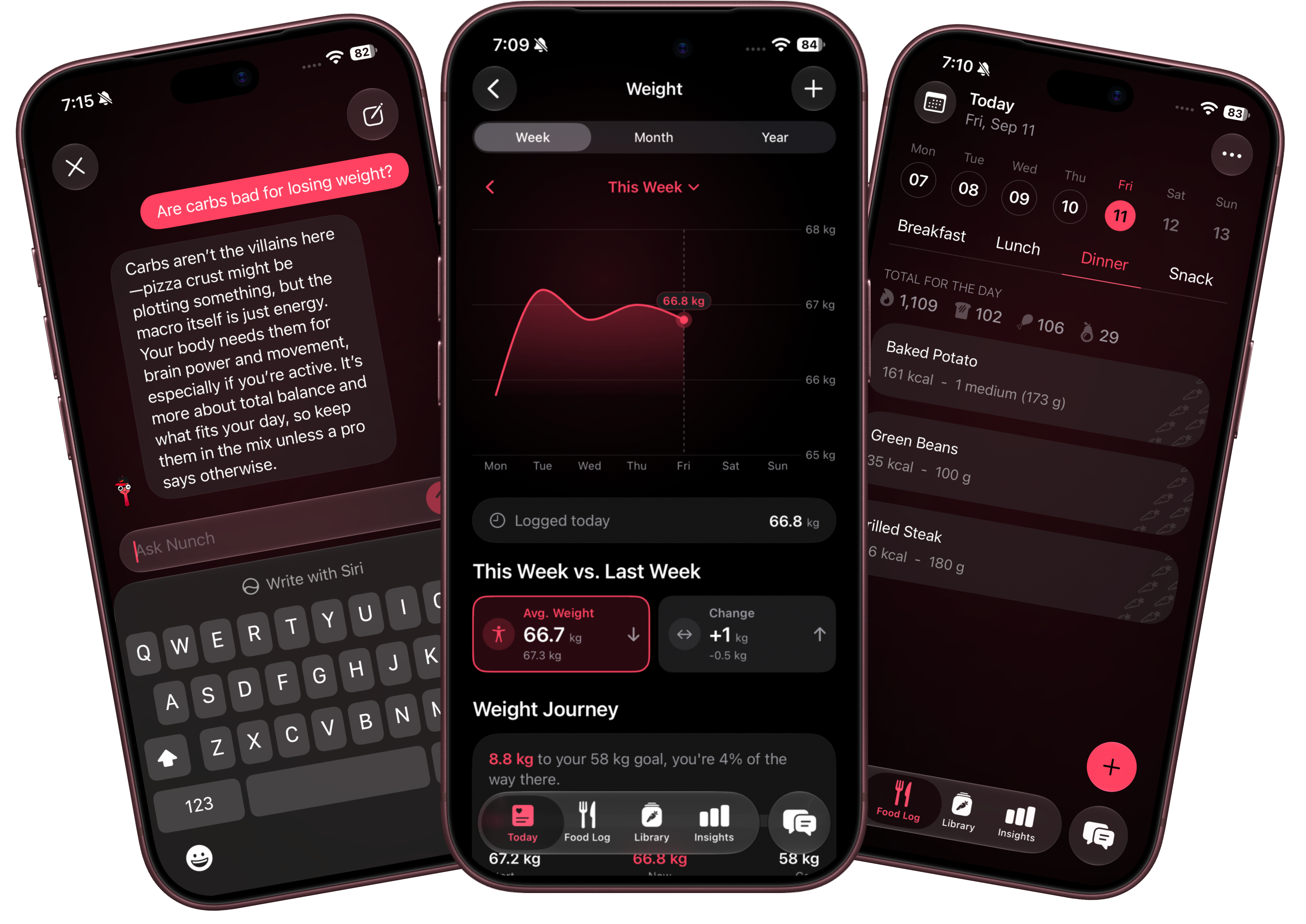 Nunch app screens showing various themes, calorie tracking, and weight tracking