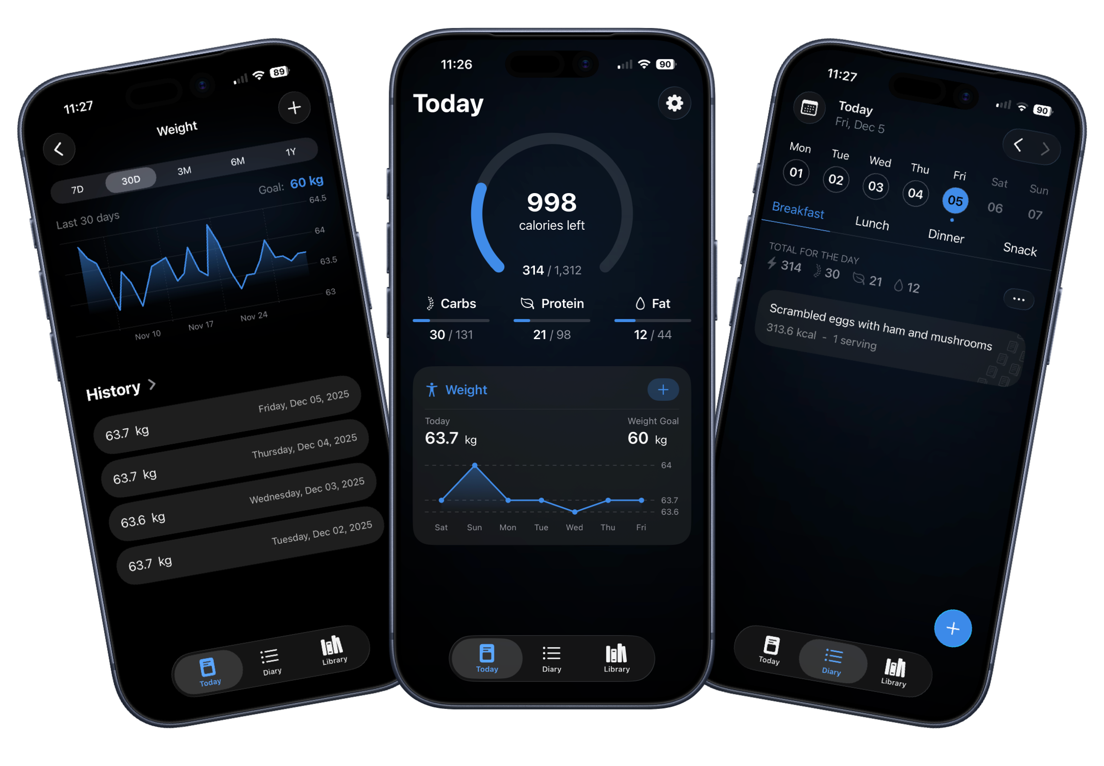 Nunch app screens showing various themes, calorie tracking, and weight tracking