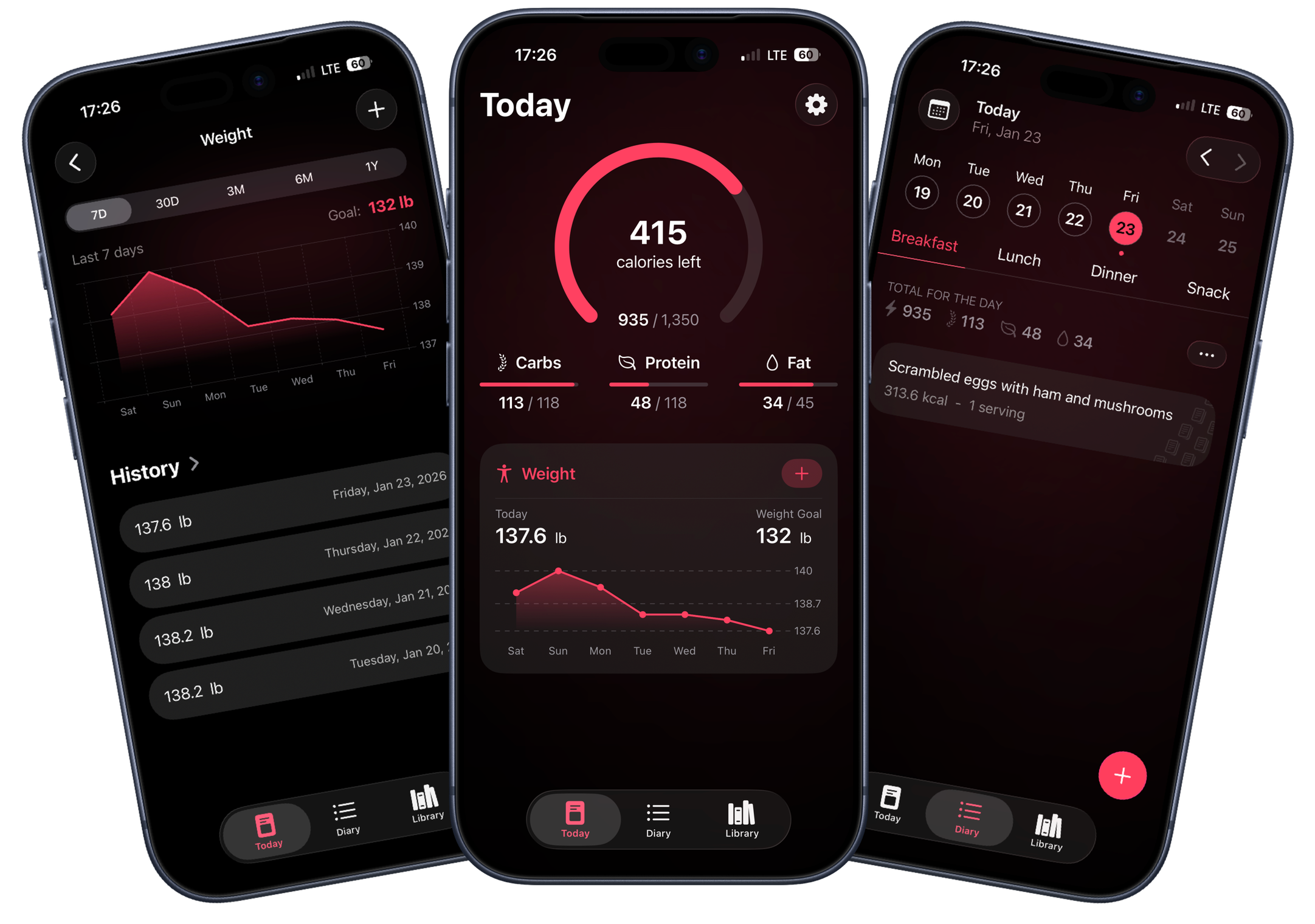 Nunch app screens showing various themes, calorie tracking, and weight tracking